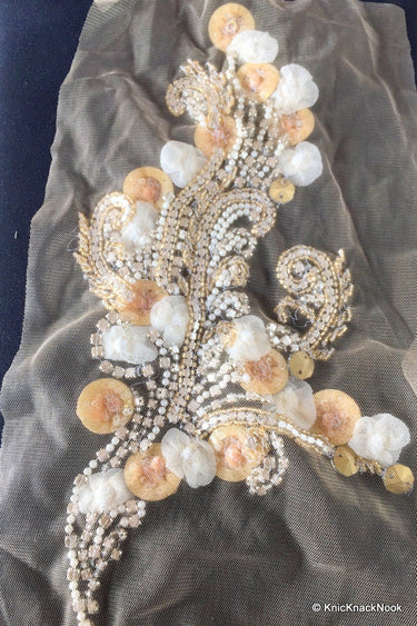 Beige Faux Swarovski Crystal, Pearl, Silver Beaded Applique Wedding Bridal Accessories